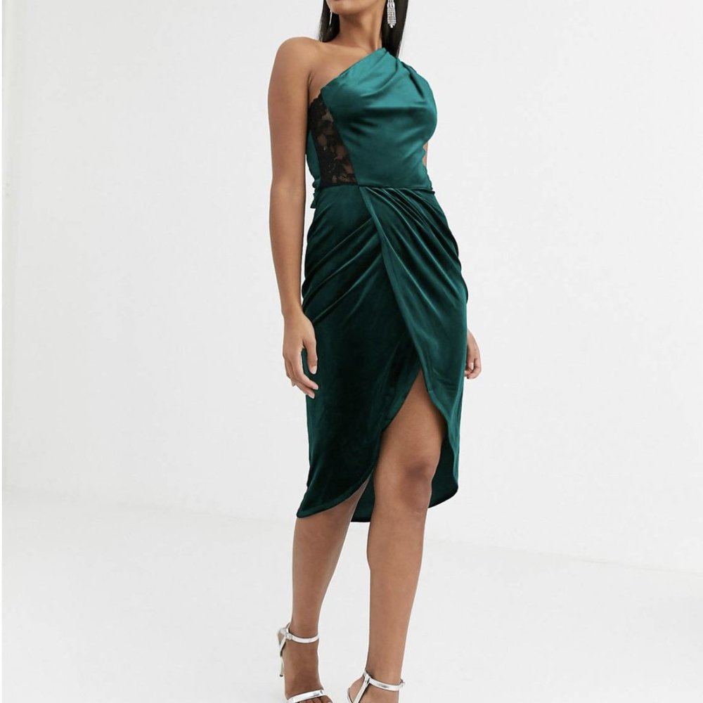 ASOS DESIGN velvet one shoulder wrap lace back bodycon midi dress